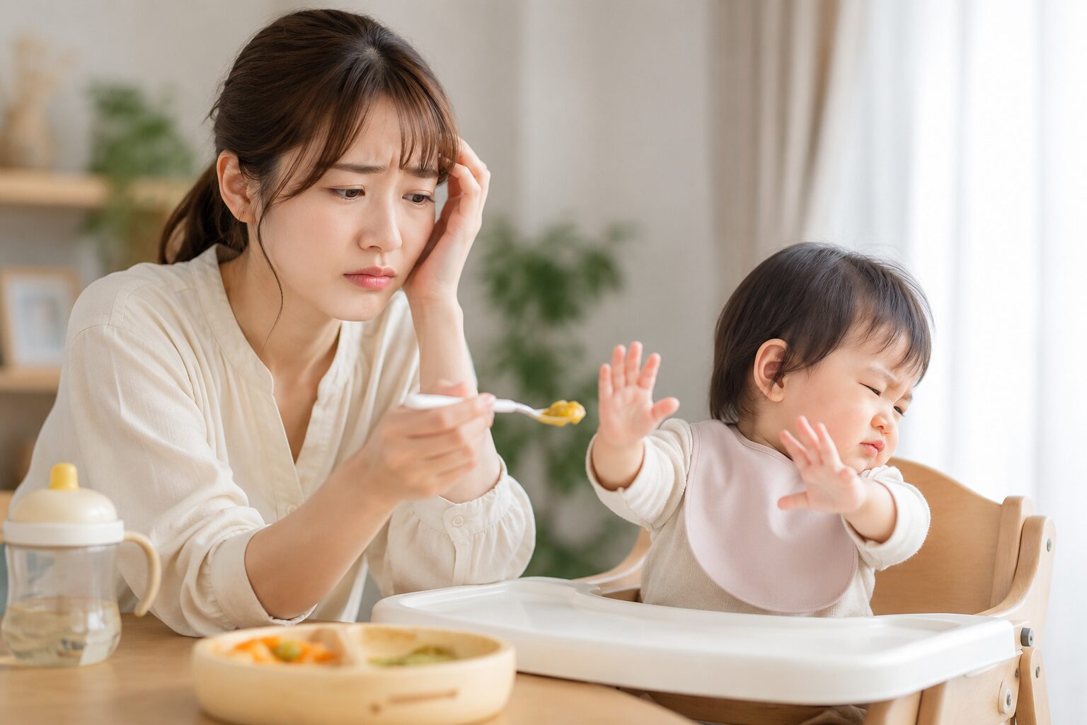 離乳食を食べたくなくて手で拒否する赤ちゃんと、スプーンを持ったまま困っているママ