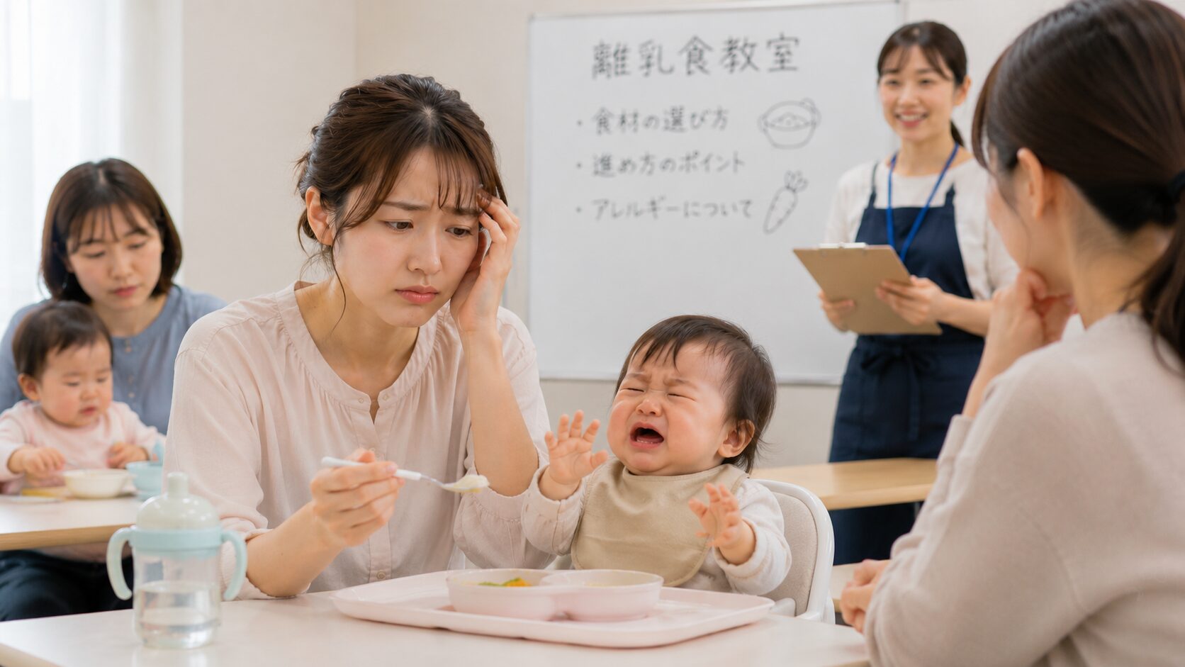 離乳食教室でプロが作った離乳食も食べずに泣く赤ちゃんと悩むママ