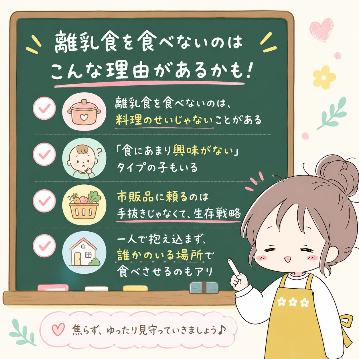 離乳食を食べない理由と4つの心構えの図解(料理のせいじゃない・食に興味がないタイプの子もいる・市販品に頼るのは生存戦略・一人で抱え込まず誰かのいる場所で)
