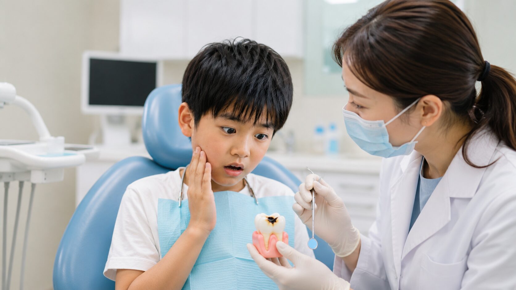 だらだら食べで虫歯になってしまった男の子のイラスト