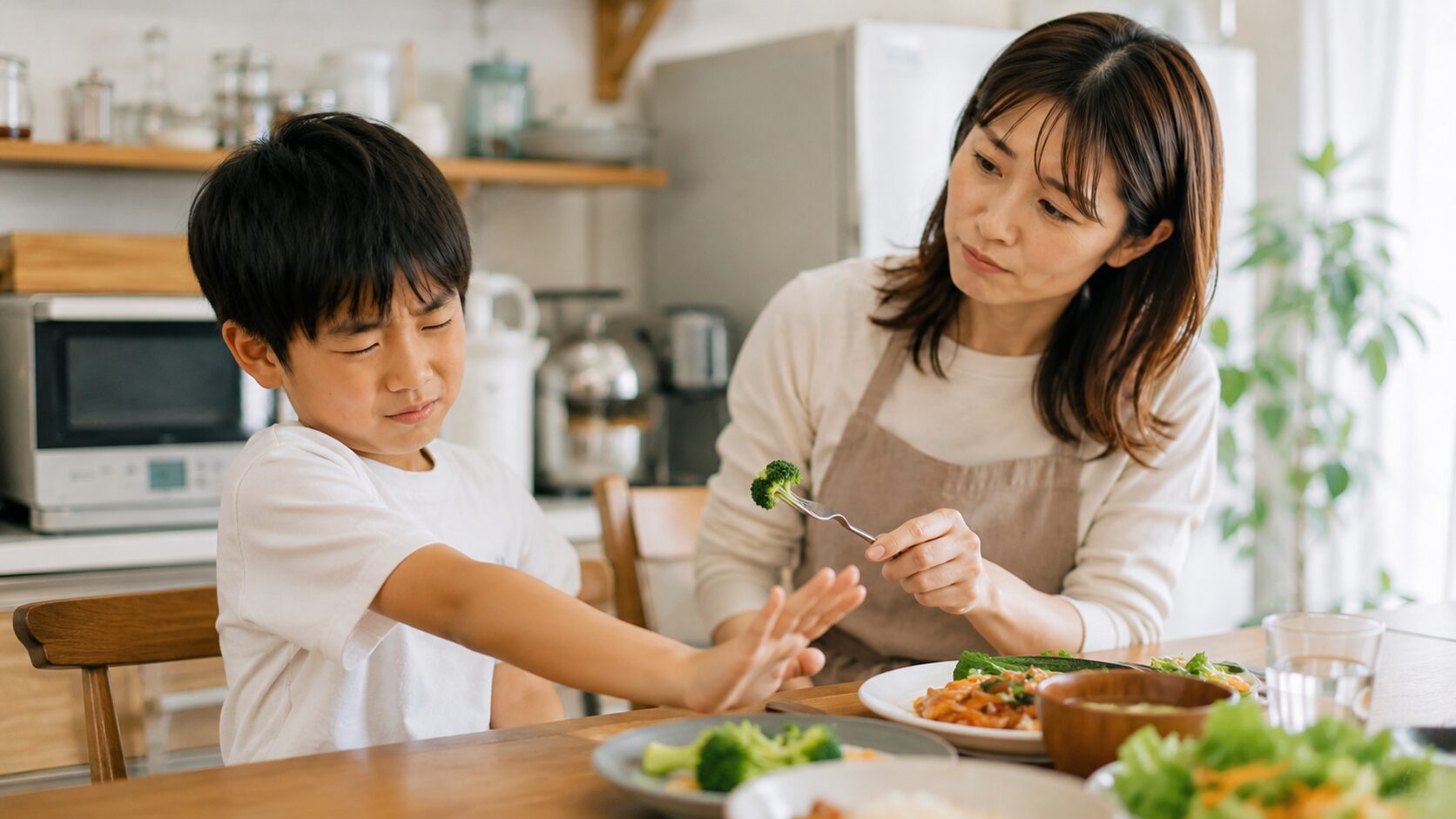 食卓で男の子に野菜(ブロッコリー)を食べさせようとするお母さん